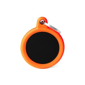 PLACA CIRCULO PEQUE?O ALUMINIO NEGRO GOMA NARANJA